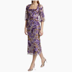 NEW MARCHESA NOTTE Women’s Orchid & Rose Embroidered Tulle Midi Dress